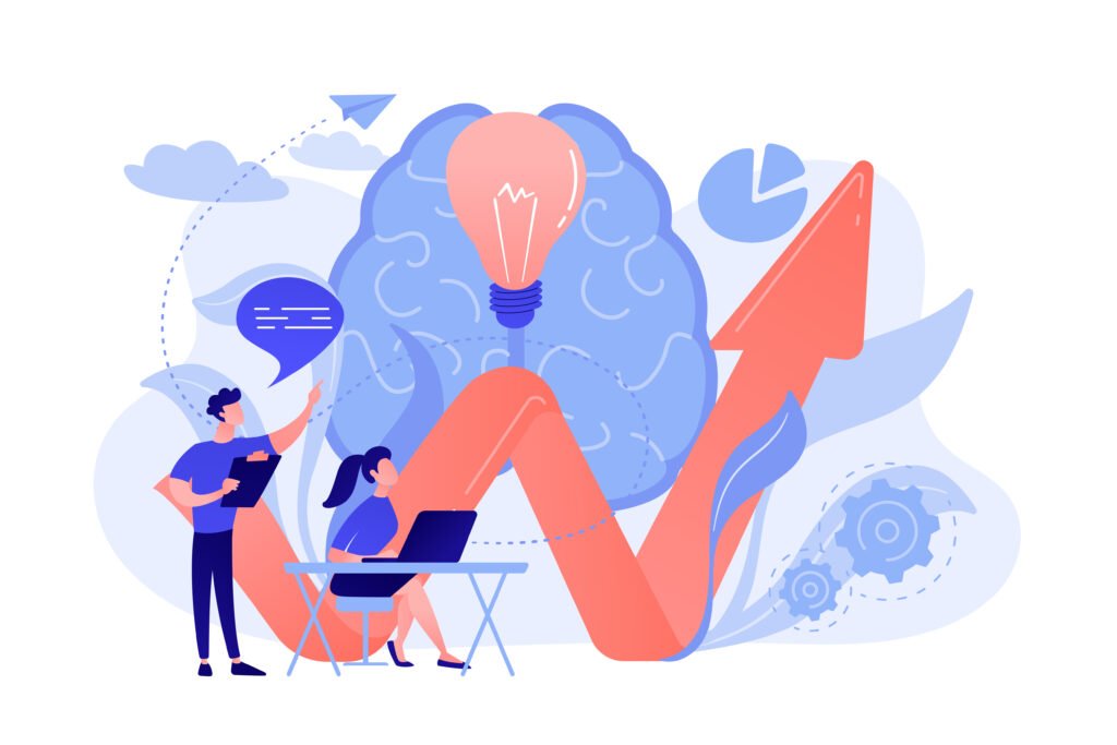 A graphic representation of neuromarketing in eCommerce, featuring a human brain and icons related to online shopping, data analysis, and consumer behavior.